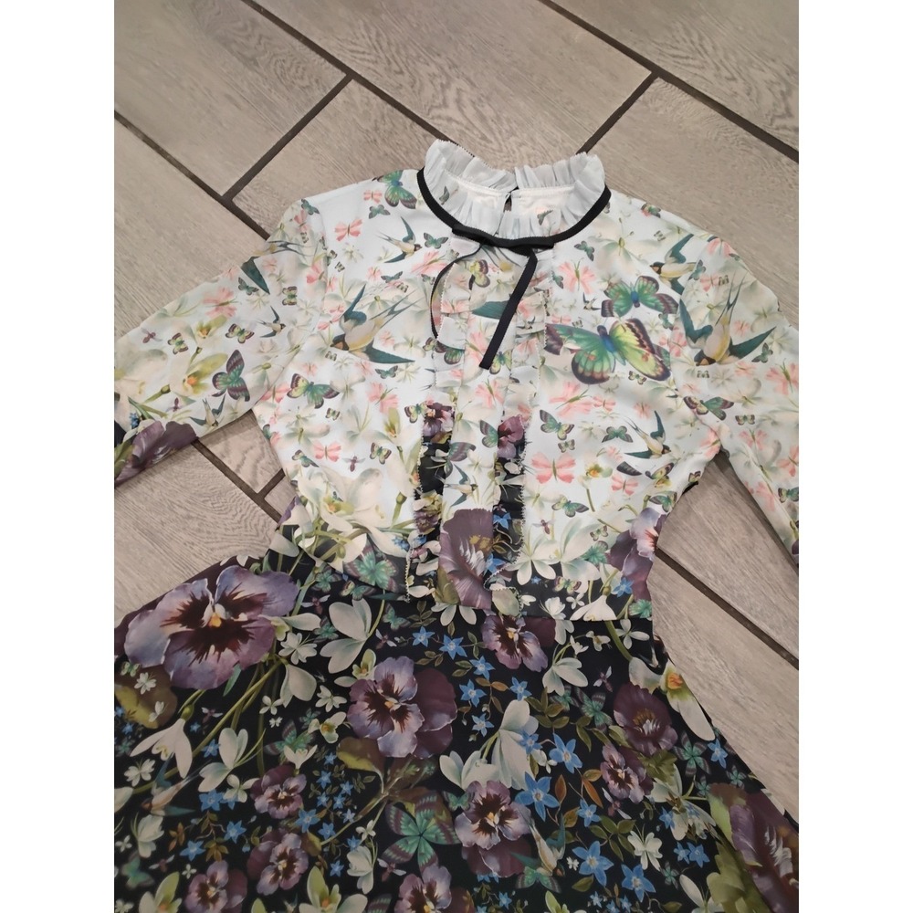 Ted Baker Floral Butterfly Chiffon Mini Dress Ruffle Neck Long Sleeve Multi US 8 - Picture 8 of 13